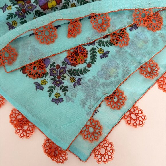 Collectable Traditional Vintage Turkish 40s-50s Oya Scarf Blue & Peach - Picture 6 of 6